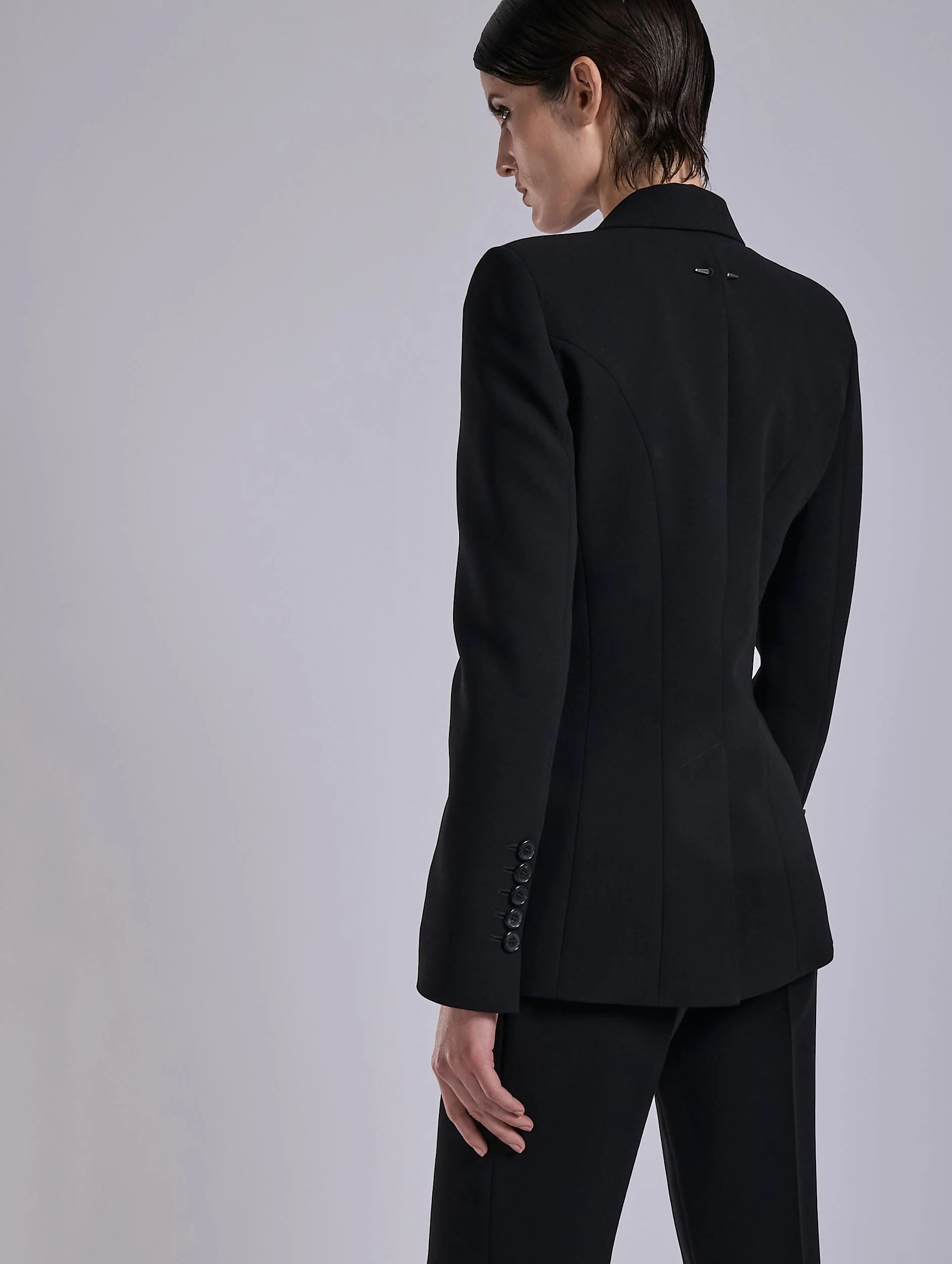 Barbara Bui BLACK CREPE AND LEATHER ZIP-SLEEVED JACKET