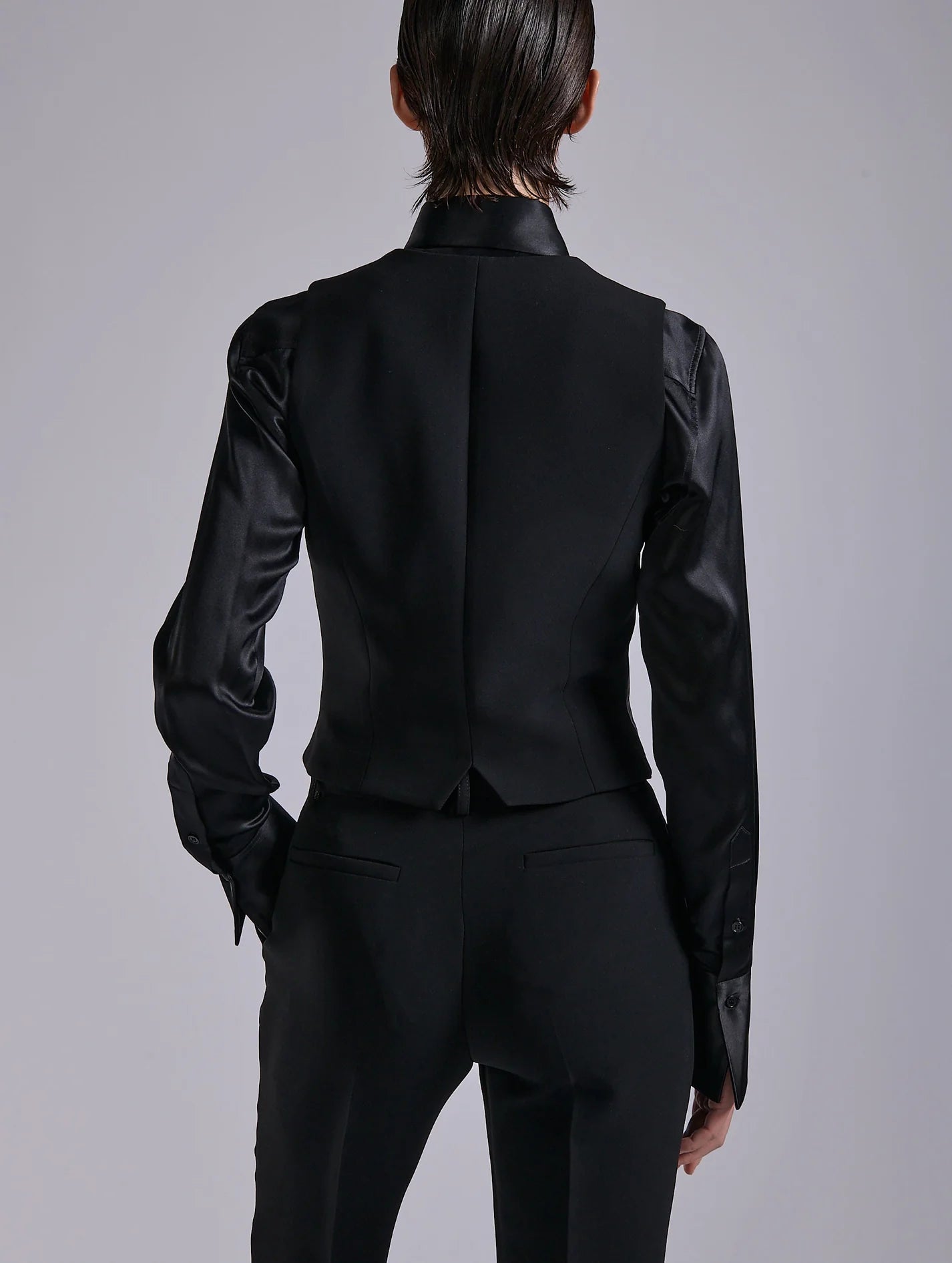 Barbara Bui BLACK CREPE AND LEATHER WAISTCOAT