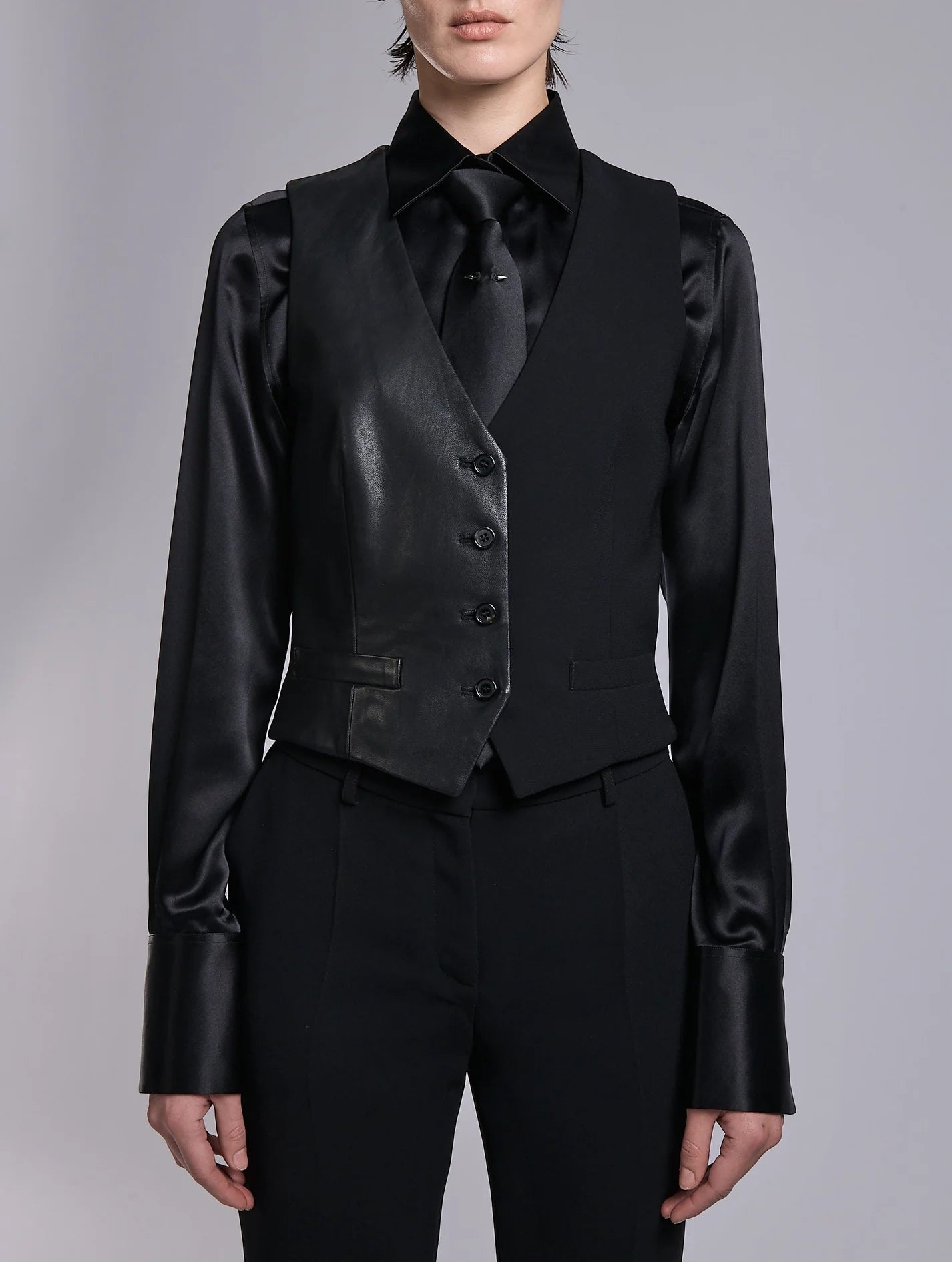 Barbara Bui BLACK CREPE AND LEATHER WAISTCOAT