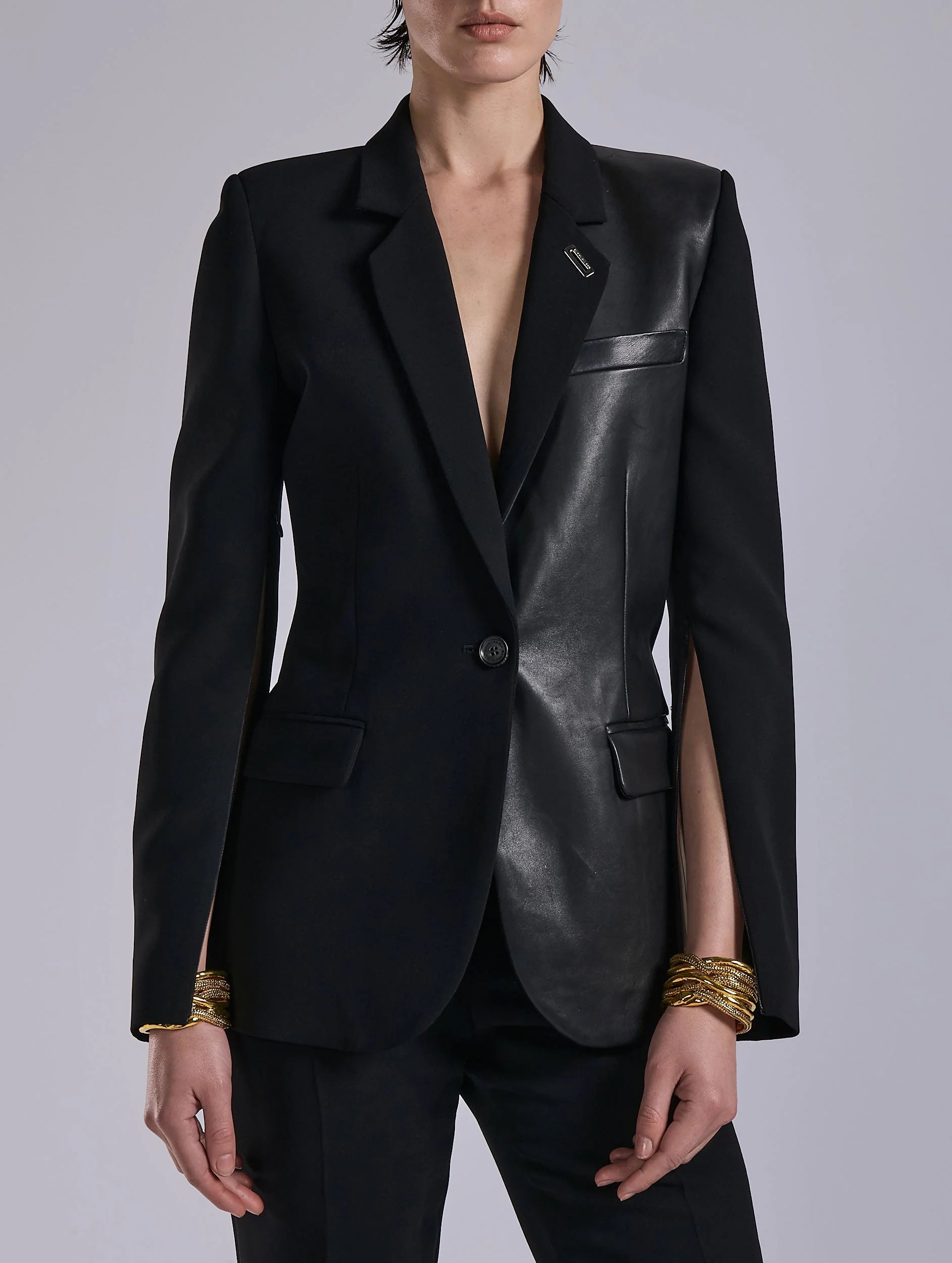 Barbara Bui BLACK CREPE AND LEATHER ZIP-SLEEVED JACKET