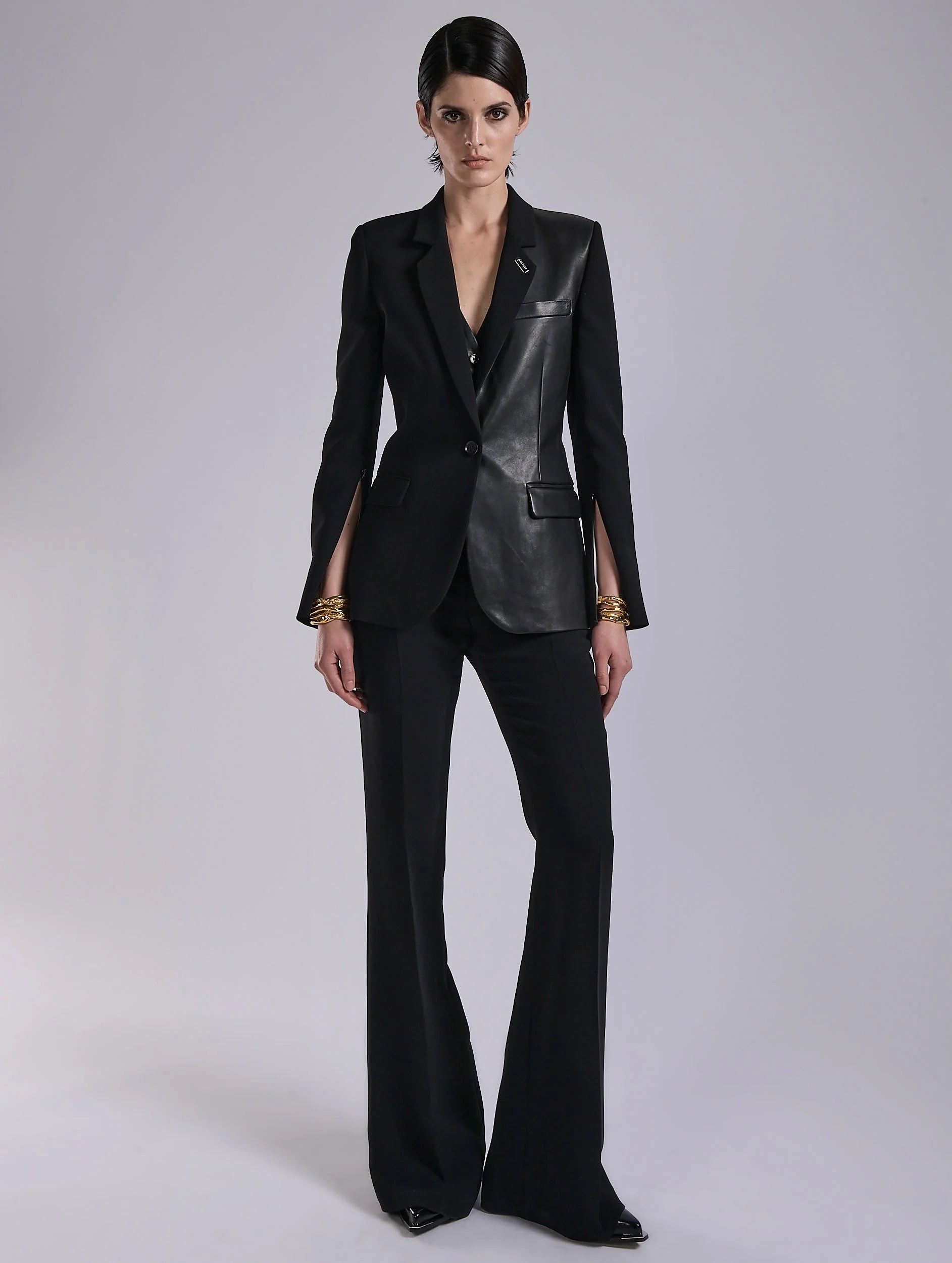 Barbara Bui BLACK CREPE AND LEATHER ZIP-SLEEVED JACKET