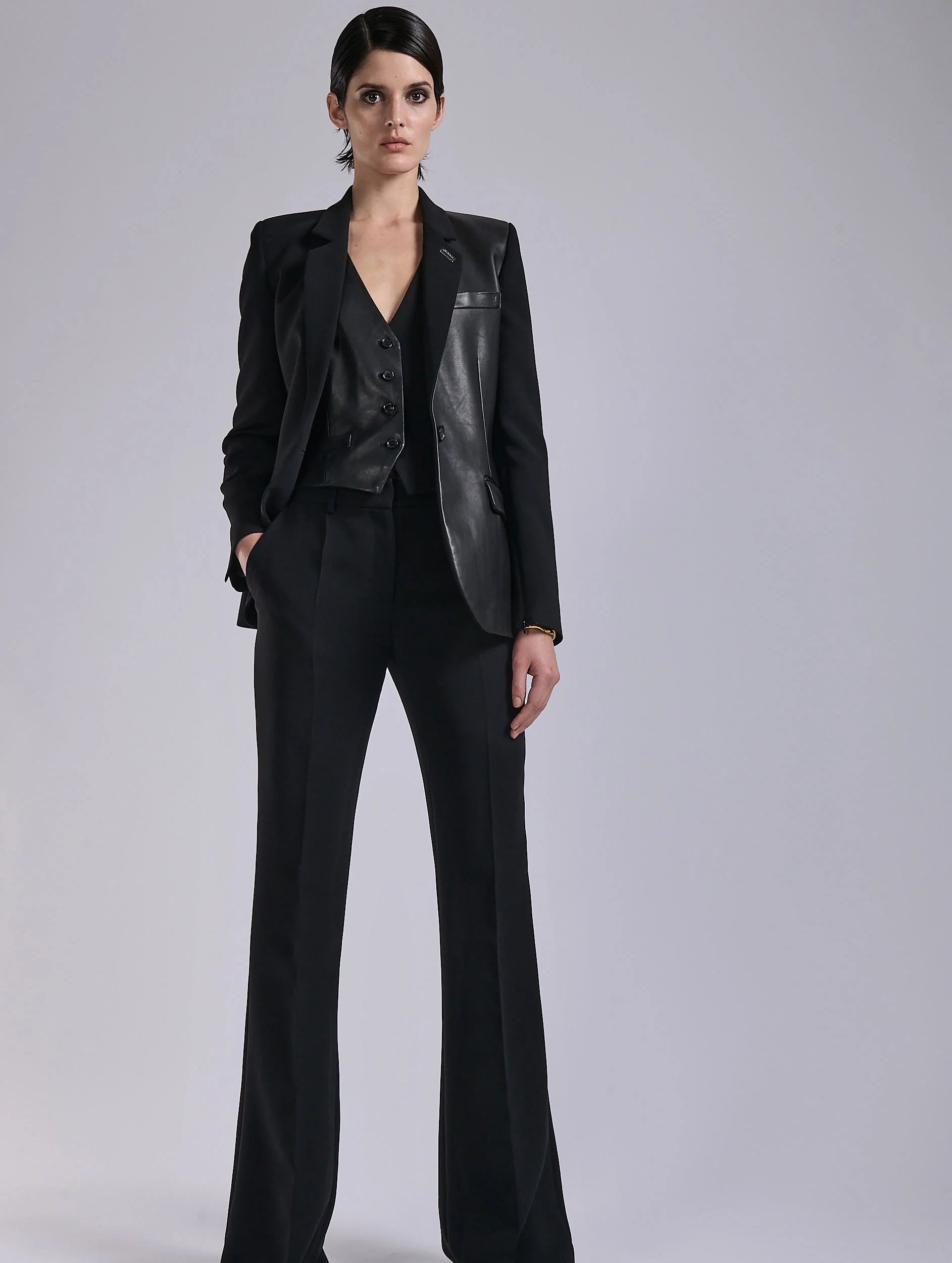 Barbara Bui BLACK CREPE AND LEATHER ZIP-SLEEVED JACKET