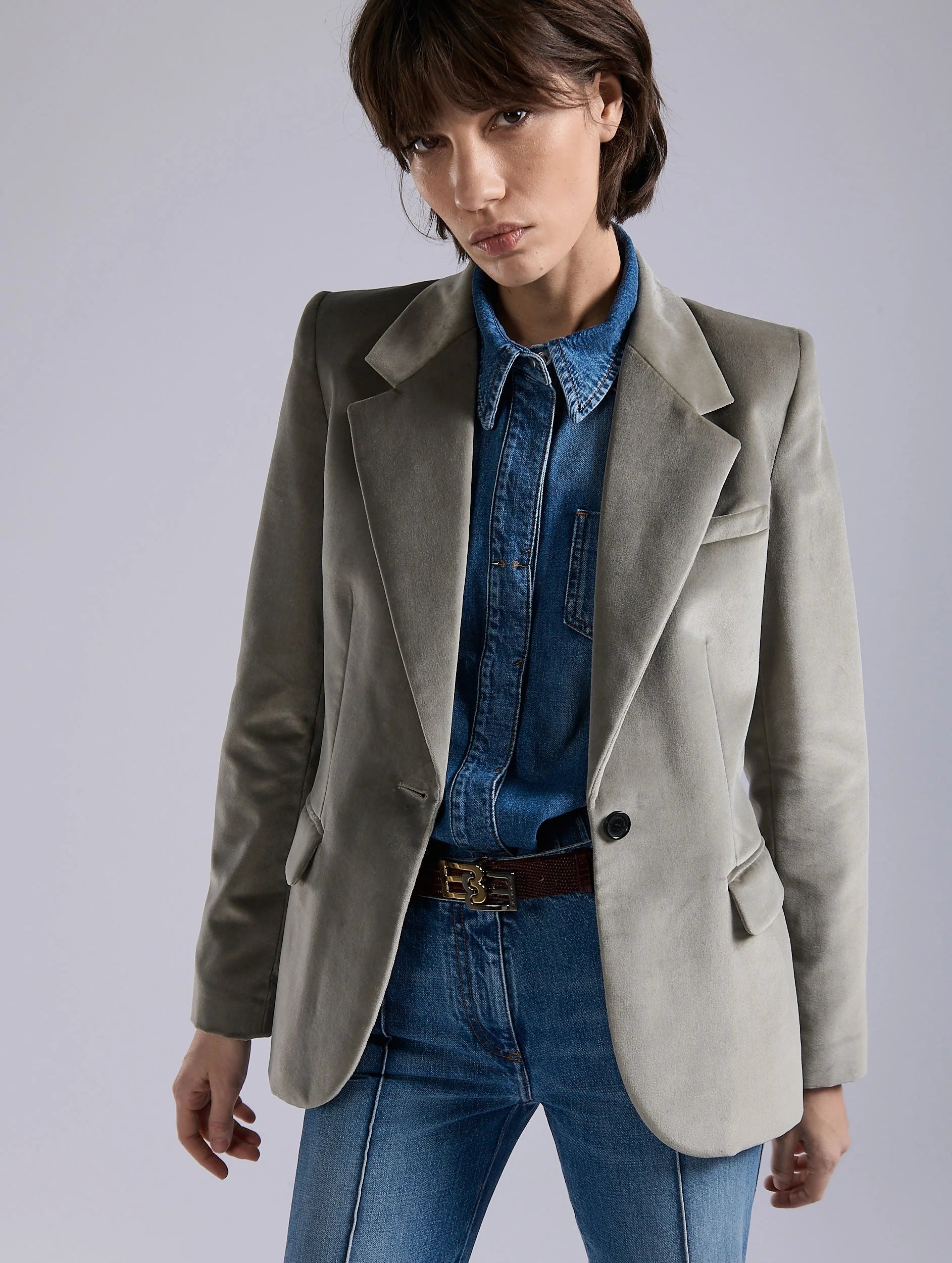 Barbara Bui Grey Velvet Fitted Jacket