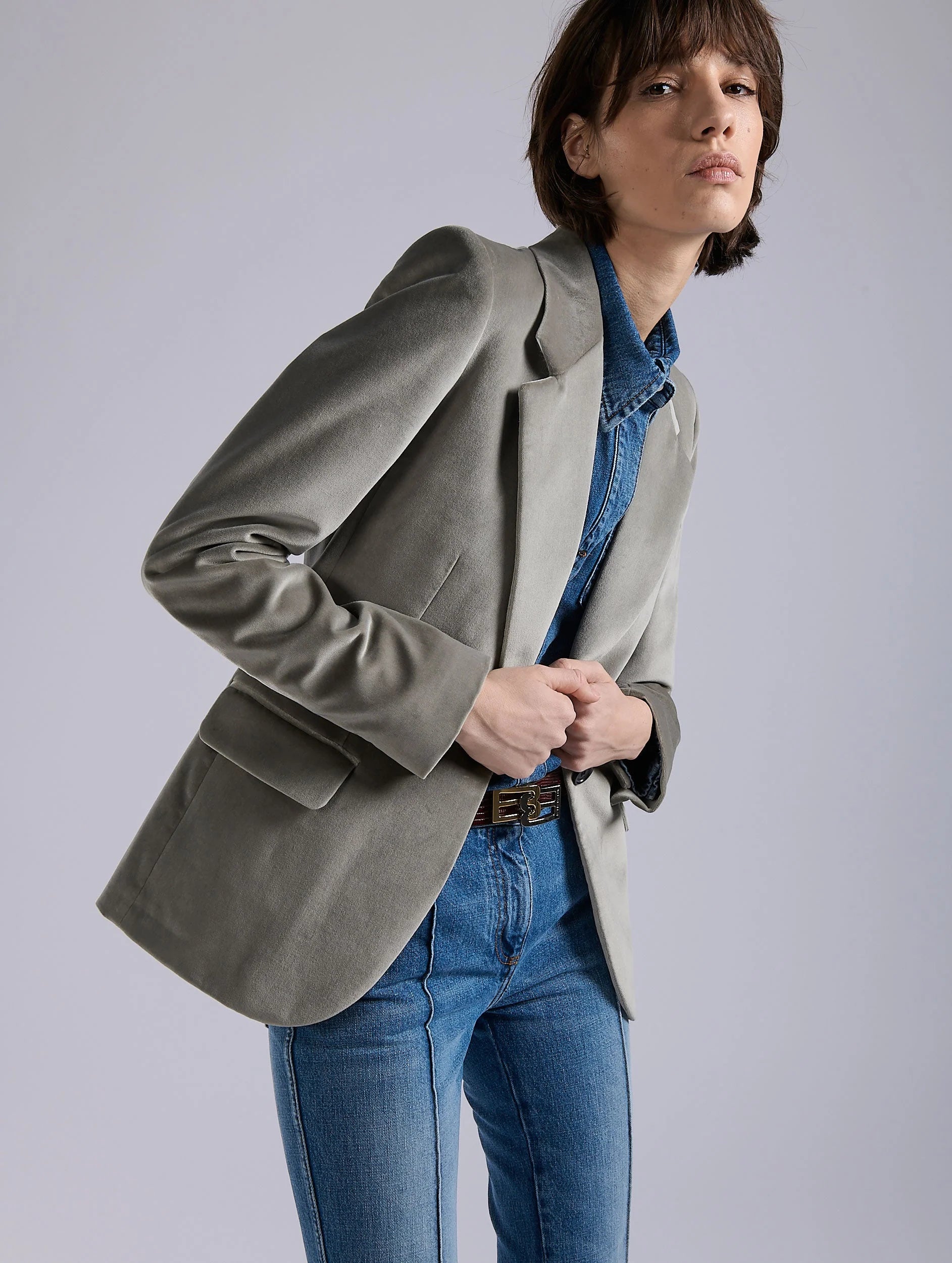 Barbara Bui Grey Velvet Fitted Jacket