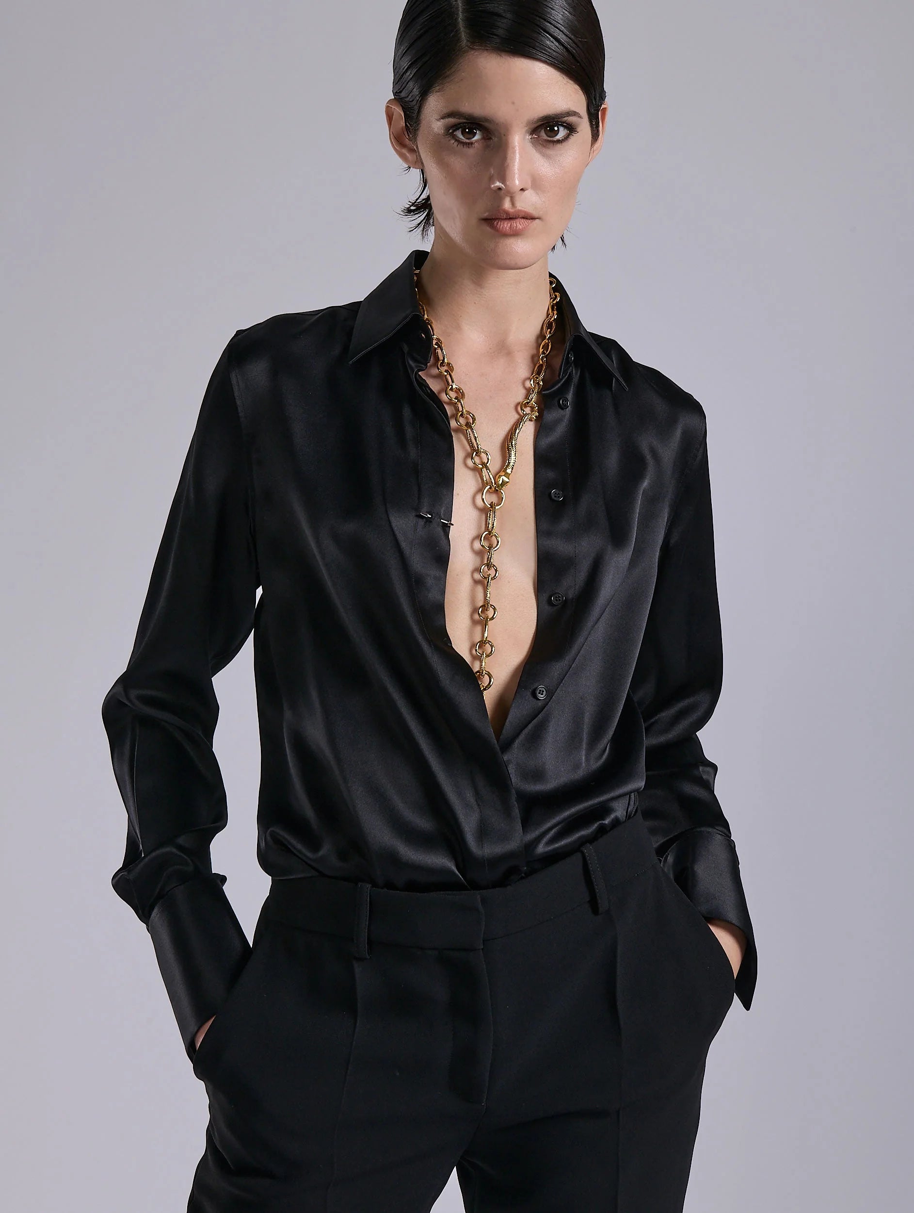 Barbara Bui BLACK SILK SATIN LAVALLIÈRE SHIRT