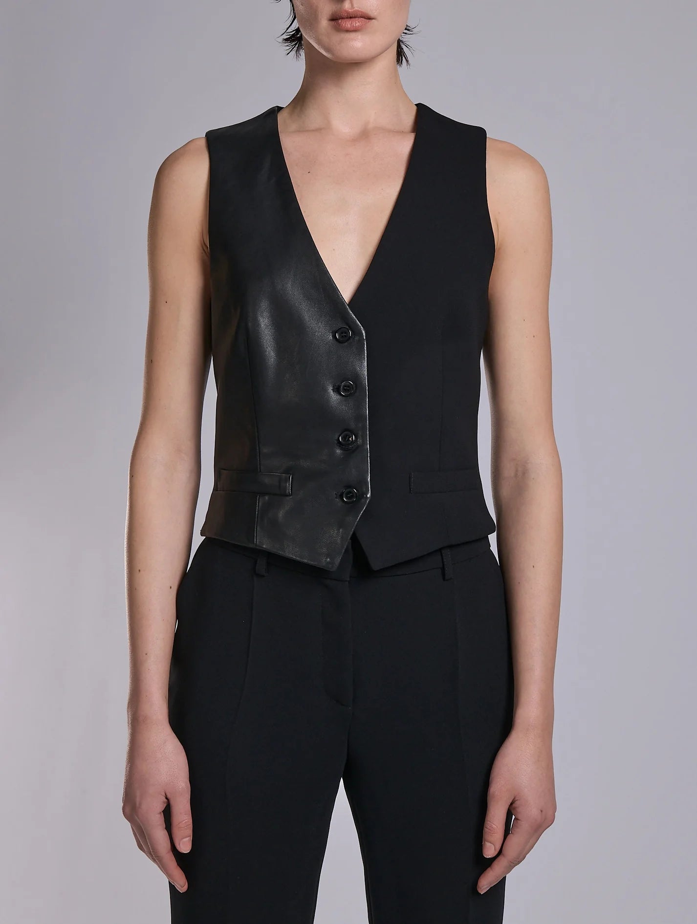 Barbara Bui BLACK CREPE AND LEATHER WAISTCOAT