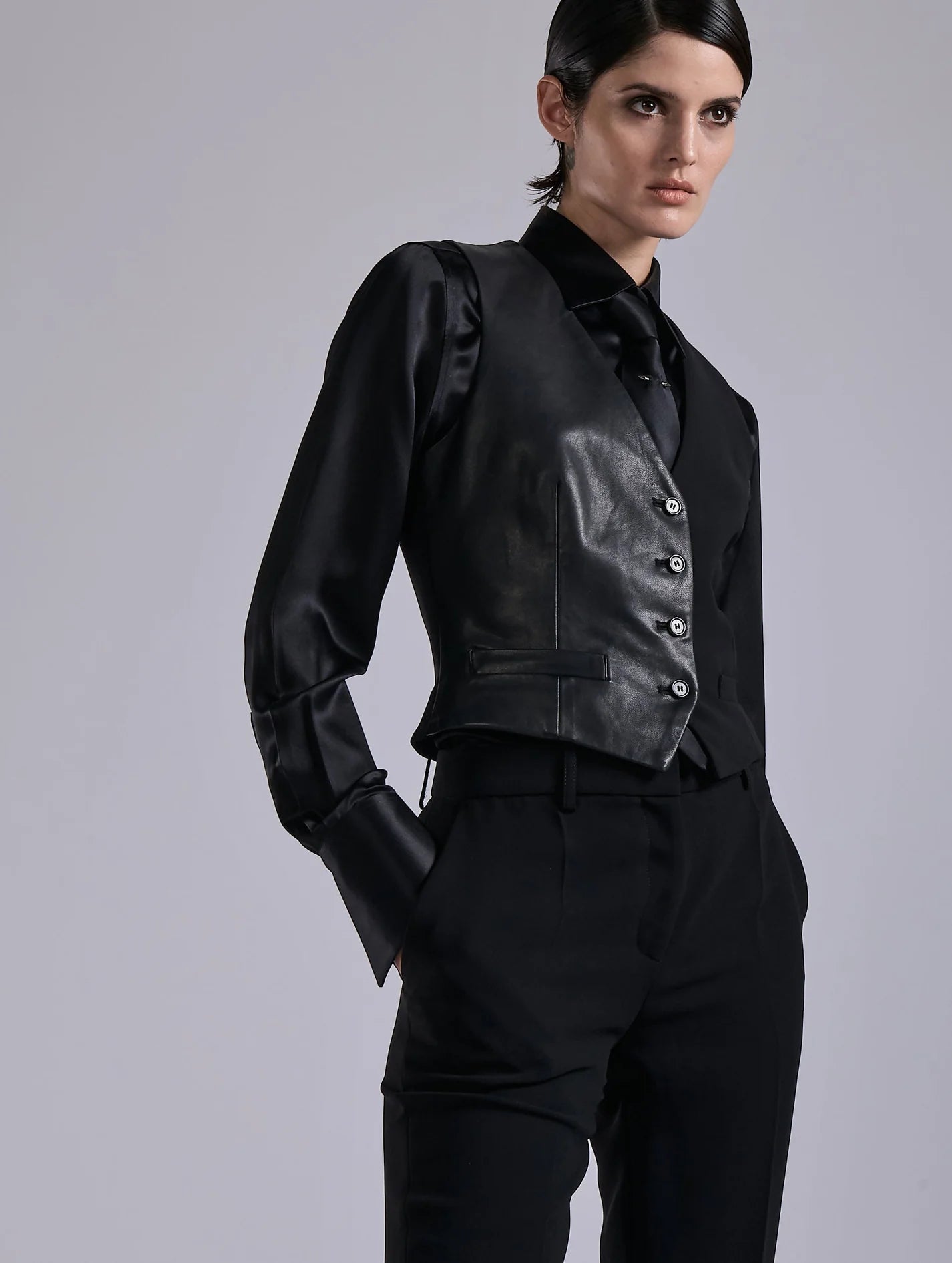 Barbara Bui BLACK CREPE AND LEATHER WAISTCOAT