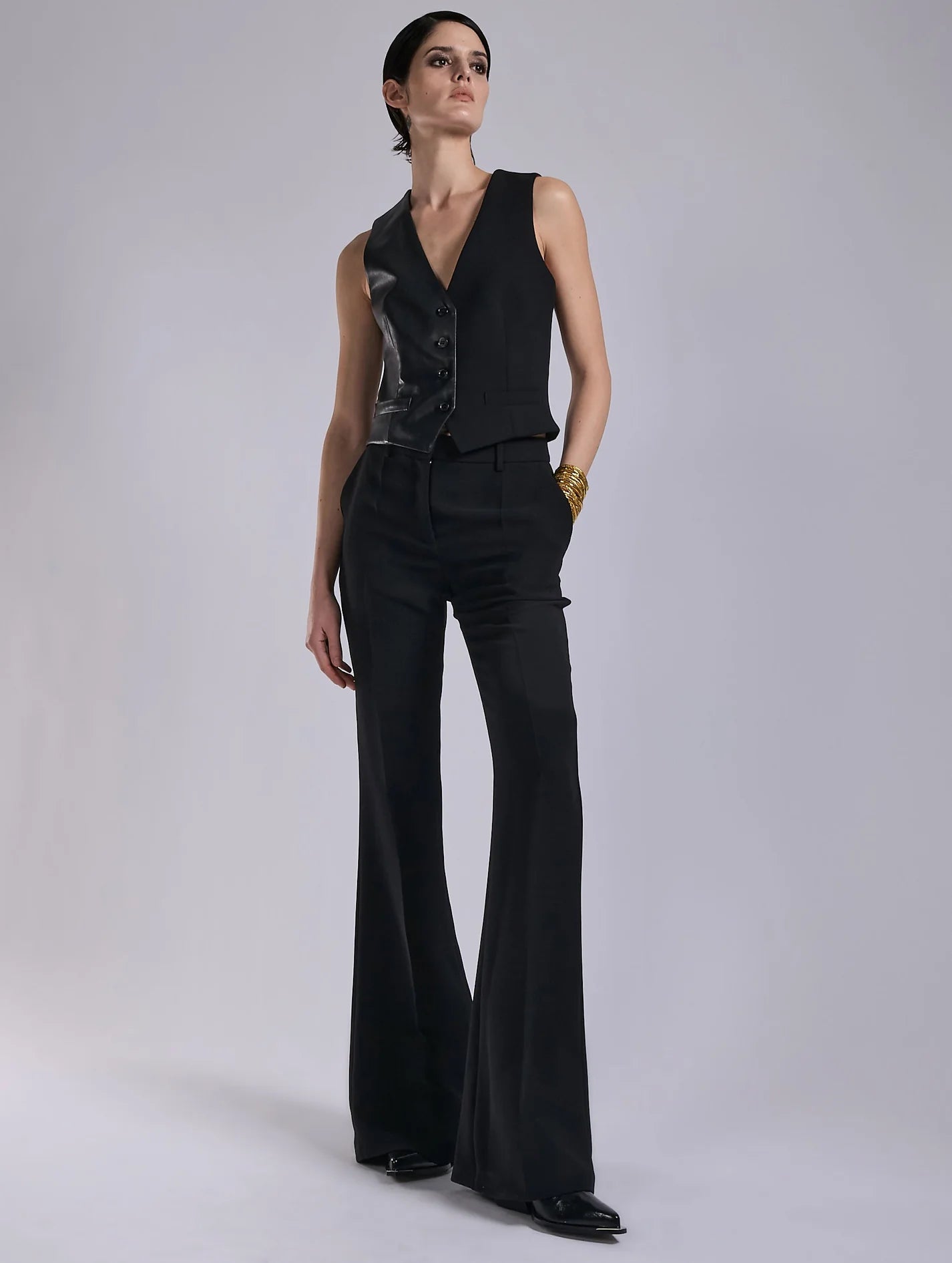 Barbara Bui BLACK CREPE AND LEATHER WAISTCOAT