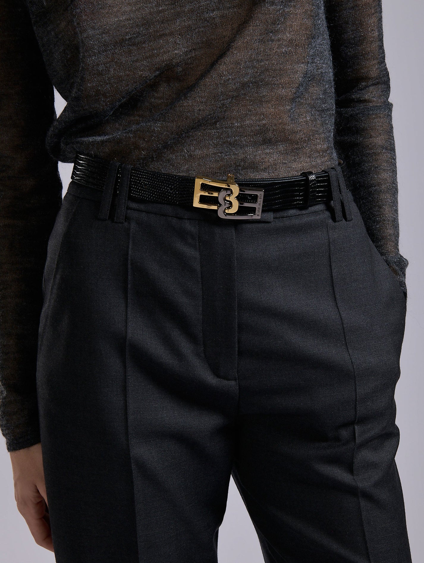 Barbara Bui BLACK LIZARD-EMBOSSED LEATHER LOGO BELT